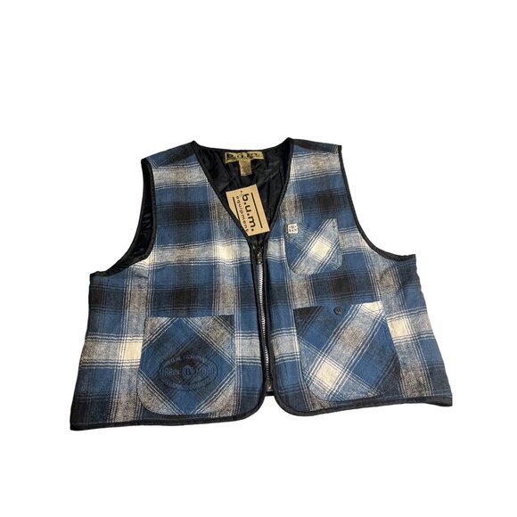 Vintage NWT men’s B.U.M. Equipment Blue & Black Plaid Quilted Cotton Vest L - Picture 1 of 11
